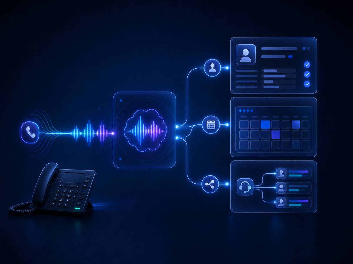 AI receptionist workflow connecting a phone conversation to qualification, calendar booking, and human handoff
